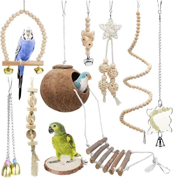 9 Pieces Parrots Chewing Natural Wood and Rope Bungee Bird Toy for Anchovies, Coconut Hideaway with Ladder,Bird Perch Stand, Bird Cage Accessories, Parakeets, Cockatiel, Conure, Mynah, Macow