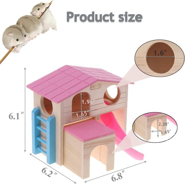 kathson Pet Small Animal Hideout Hamster House with Funny Climbing Ladder Slide Wooden Hut Play Toys Chews for Small Animals Like Dwarf Hamster and Mouse(Pink) - Image 2