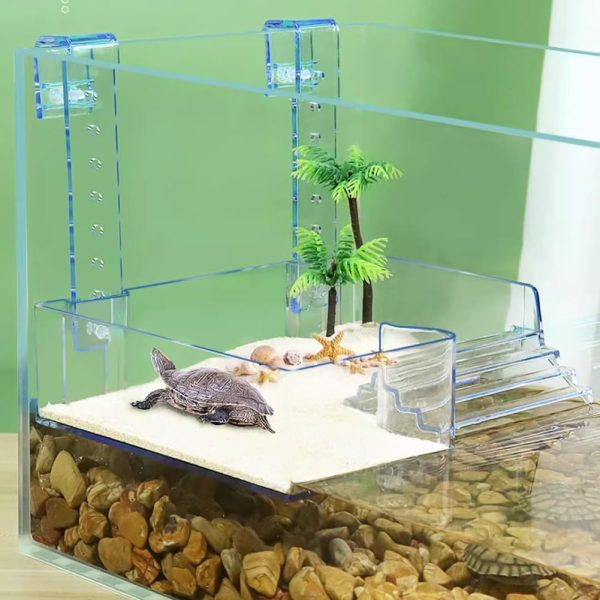 La La Pet® Hanging Detachable Acrylic Turtle Basking Platform with Guardrail and Ladder Tortoise Resting Terrace Turtle Aquarium Dock Reptile Habitat Basking Platform for Turtle Tank Large - Image 2