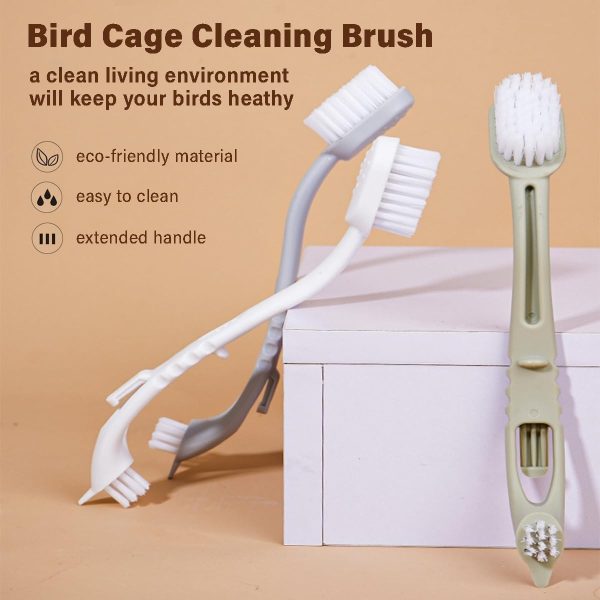 MANON ROSA Bird Cage Cleaner with Two Brush Heads Long Handle Tool for Cleaning Bird Parrot Cages Kennels Perches - Image 3