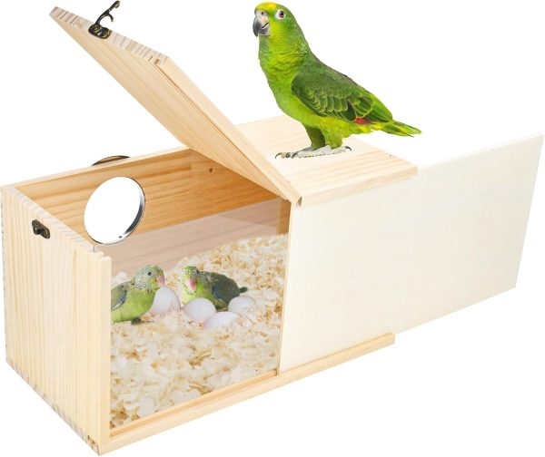 Parakeet Nesting Box Cockatiel Nesting Natural Pine Bird Nest Bird Breeding Box House Acrylic Transparent Bird Box with Detachable Wooden Board for Lovebirds Cockatiel Budgie Conure Parrot XL