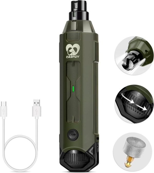 Casfuy 6-Speed Dog Nail Grinder - Newest Enhanced Pet Nail Grinder Super Quiet Rechargeable Electric Dog Nail Trimmer Painless Paws Grooming & Smoothing Tool for Large Medium Small Dogs (Army Green)