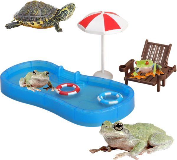 Tree Frog Tank Accessories - Novelty Pool Theme Set Turtle Habitat Decoration Reptile Water Food Bowl for Amphibian Aquatic Frog Toad Lizard Leopard Gecko Hermit Crabs Snake Spider Scorpion (Pool Set)