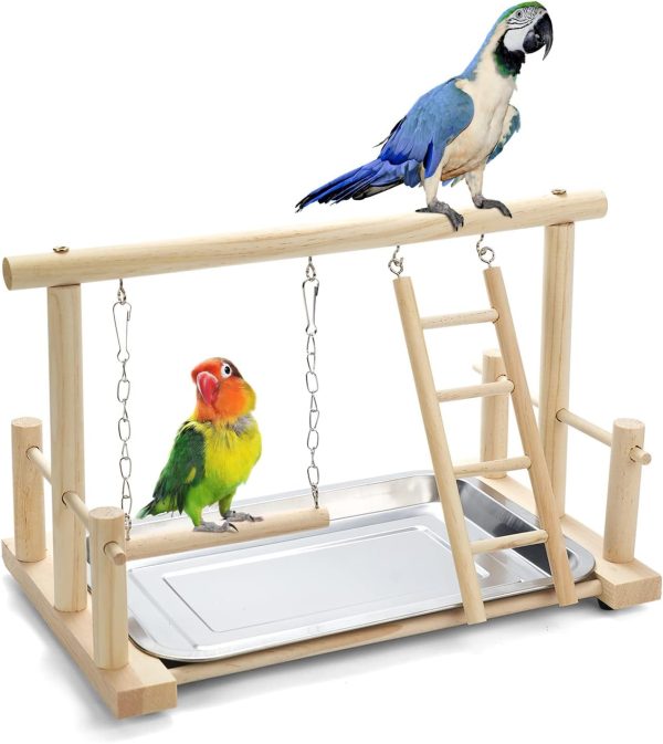 Natural Wood Bird Playground Parrot Perch Playstand Play Gym Stand Playpen Perches Ladder Swing Platform with Toys Exercise Playgym for Luonfels,Budgie,Cockatiels,Conures,Parakeets,Lovebird