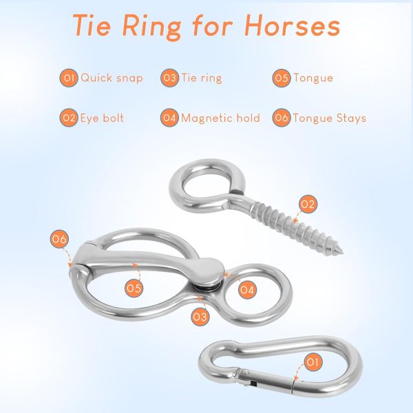 Horse Tie Ring, 4 Sets Horse Tack and Supplies, Stainless Steel Safe Horse Accessories Training Equipment with Eye Bolt and Snaps Saddle - Image 6