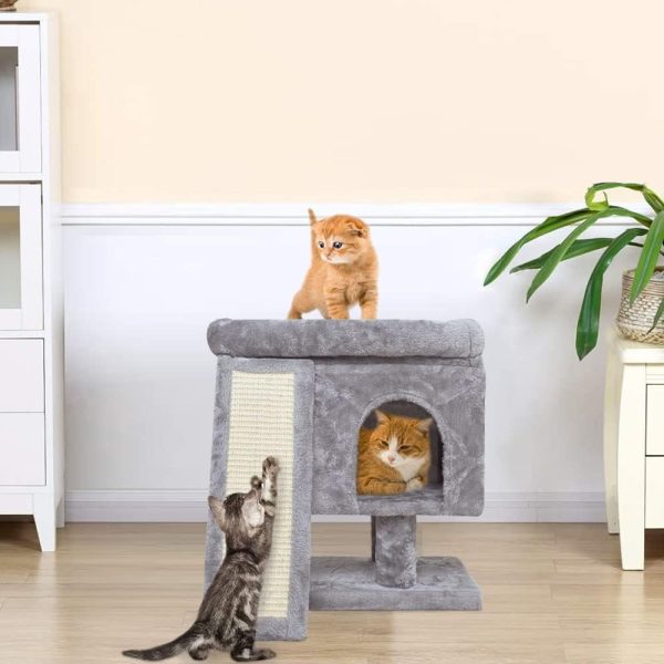 SYANDLVY Small Cat Tree for Indoor Cats, Cat Tower with Scratching Post, Modern Activity House for Large Cats, Condo with Board, Kittens Cave (Light Grey) - Image 3