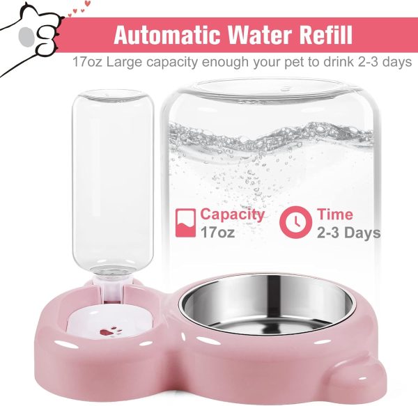 Dog Bowls, Cat Food and Water Bowl Set with Water Dispenser and Stainless Steel Bowl for Cats and Small Dogs - Pink - Image 2