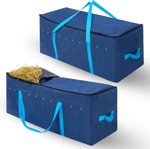 Sanwuta 2 Pack Hay Bale Bag 41 x 15 x 17 Inch Extra Large Hay Bags for Horses Oxford Cloth Hay Storage Container Heavy Duty Tote Hay Bale Storage Bag for Cattle Goats Sheep Horse Supplies (Blue)