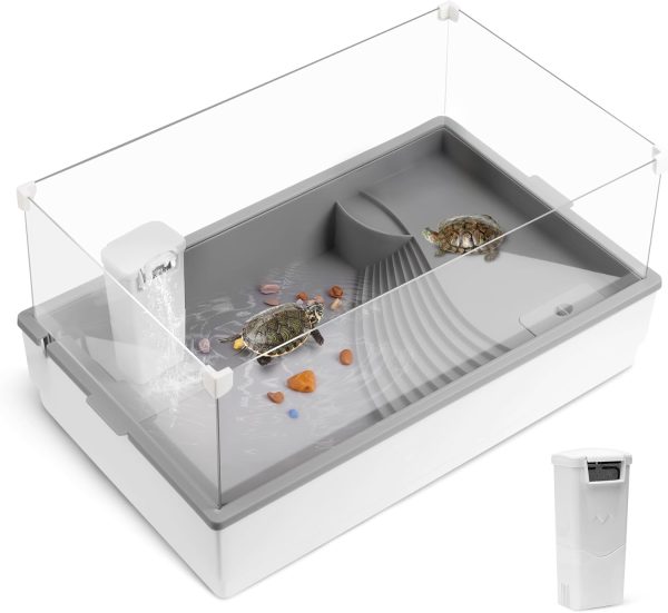 Turtle Tank Aquarium,Reptile Tortoise Habitat Kit, Acrylic Baby Turtle House Starter Kit with Multi-Function Area and Water Filter,Semi Aquatic Terrarium for Turtles,Cray,Fish,Small Reptiles