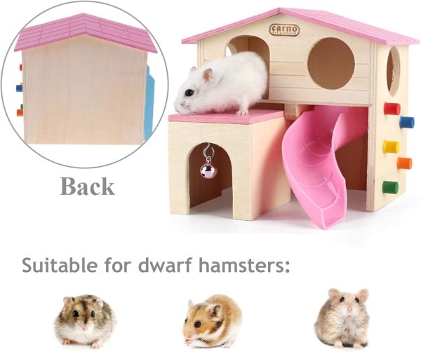 kathson Pet Small Animal Hideout Hamster House with Funny Climbing Ladder Slide Wooden Hut Play Toys Chews for Small Animals Like Dwarf Hamster and Mouse(Pink) - Image 4