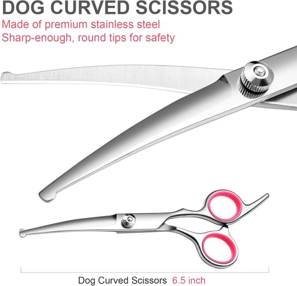 Dog Grooming Scissors with Safety Round Tips Stainless Steel Professional Dog Grooming Kit - Thinning, Curved Scissors and Comb for Dog Cat Pet (Pink 4 in 1) - Image 3