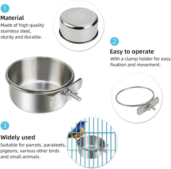 2 Pack Stainless Steel Bird Bowls for Cage Parrot Food Water Bowl Bird Feeding Dish Cups Parrot Food Water Feeder Pet Hanging Bowl Crate Coop Cups with Clamp Holder for Small Animal Dog Parakeet - Image 4