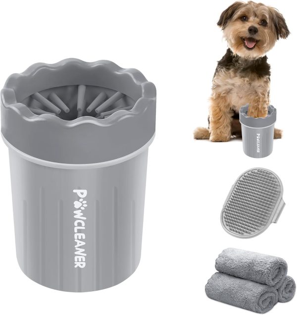 Comotech Portable Pet Paw Washer and Foot Cleaner with Silicone Brush, 3 Absorbent Towels for Small Dogs (Grey)