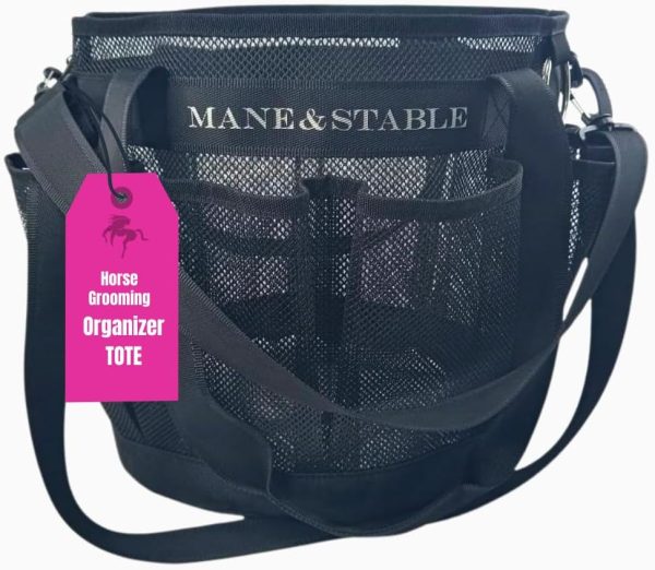 Horse Grooming Bag Tote - Large Mesh Brush Bag Organizer Caddy with 8 Pockets For Horse Supplies. Black (M&STOTE)