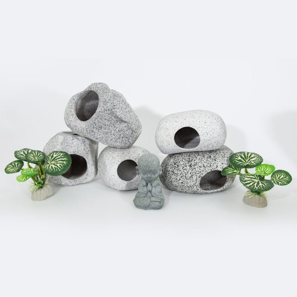 Aquarium Decorations Rock Caves Decor Betta Fish Tank Accessories 5PCS Hideout Stones House, 1PCS Aquarium Buddha Statue Decorations with Plastic Plants for Aquatic Pets Hide - Image 5