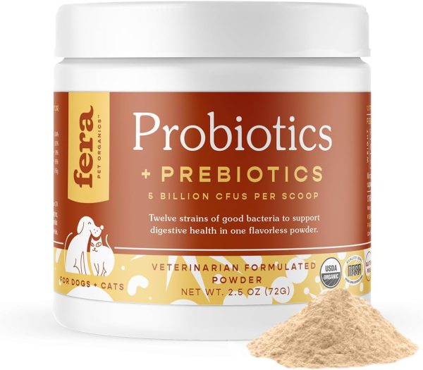 Fera Pet Organics Probiotics for Dogs & Cats - Vet Created - Cat & Dog Probiotic Supplement - 12 Strains & Prebiotics for Pet’s Digestion - 60 Scoops​