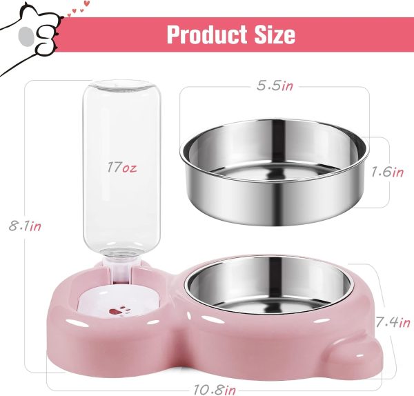 Dog Bowls, Cat Food and Water Bowl Set with Water Dispenser and Stainless Steel Bowl for Cats and Small Dogs - Pink - Image 5