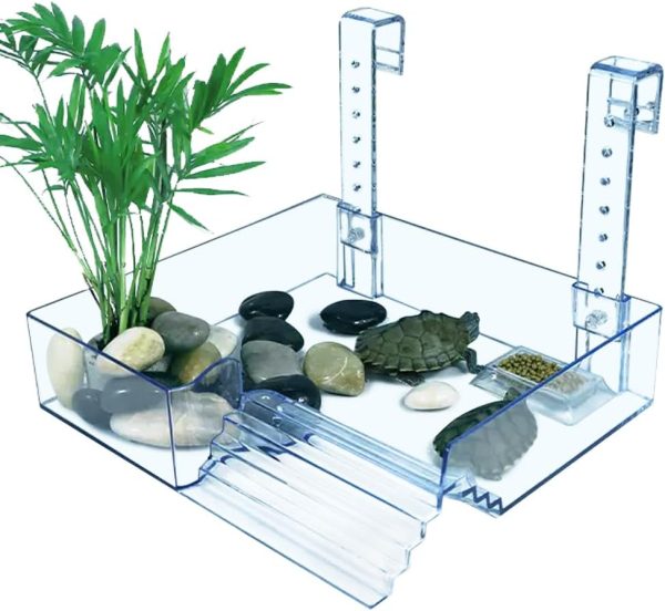 La La Pet® Hanging Detachable Acrylic Turtle Basking Platform with Guardrail and Ladder Tortoise Resting Terrace Turtle Aquarium Dock Reptile Habitat Basking Platform for Turtle Tank Large