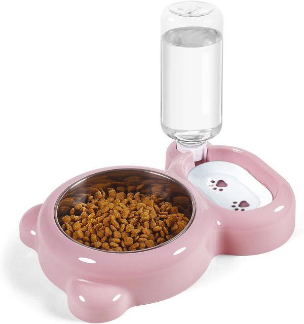 Dog Bowls, Cat Food and Water Bowl Set with Water Dispenser and Stainless Steel Bowl for Cats and Small Dogs - Pink