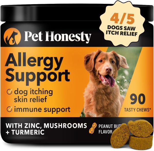 Pet Honesty Allergy Itch Relief for Dogs - Dog Allergy Support Immunity Supplement - Dog Allergy Chews, Probiotics for Dogs, Seasonal Allergies, Skin and Coat Supplement - Peanut Butter (90ct)