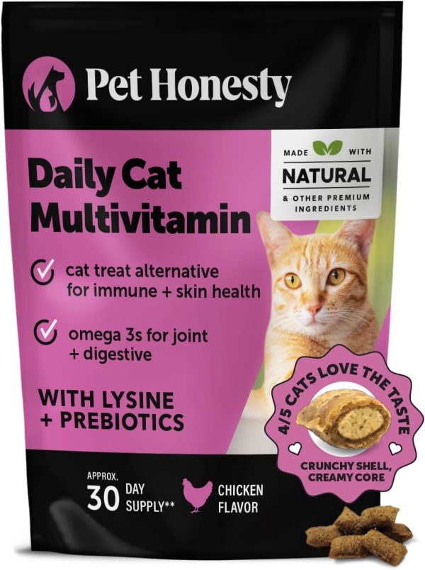 Pet Honesty Cat Multivitamin Chews - Cat Treats for Health + Immune, Cat Joint Support, Skin & Coat, and Digestion | Omega 3s, Lysine for Cats, Cat Probiotic, Cat Vitamins - Chicken (30-Day Supply)