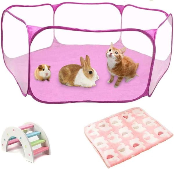 Hamster Playpen with Mat, Large - Foldable Exercise Playpen, Breathable and Transparent Pet Cage Fence Indoor/Outdoor for Guinea Pigs Small Animal Gerbils Chinchillas Hedgehogs Rats