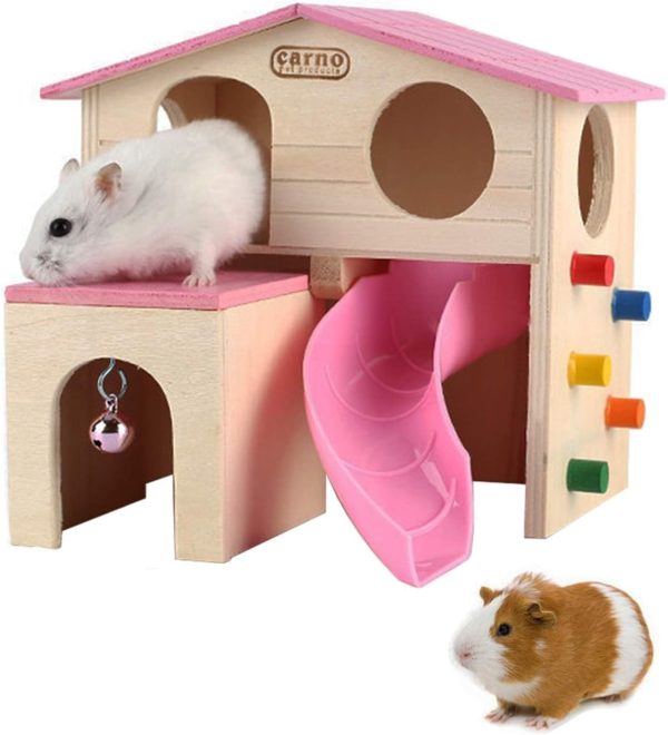 kathson Pet Small Animal Hideout Hamster House with Funny Climbing Ladder Slide Wooden Hut Play Toys Chews for Small Animals Like Dwarf Hamster and Mouse(Pink)