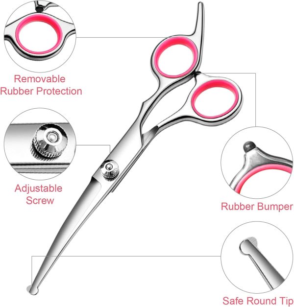 Dog Grooming Scissors with Safety Round Tips Stainless Steel Professional Dog Grooming Kit - Thinning, Curved Scissors and Comb for Dog Cat Pet (Pink 4 in 1) - Image 2