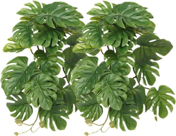 2Pack Reptile Fake Plants for Terrarium, Snake Tank Accessories, Habitat Decor Artificial Hanging Plants with Suction Cup - Fake Monstera