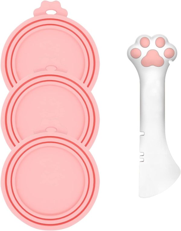 3 Pcs Pet Food Can Lids & One Can Spoon | Cute Paw Shape Opener Spatula Cat Wet Food Spoon | Universal BPA Free Silicone Can Spoon & Covers for Dog Cat Cans(Pink)