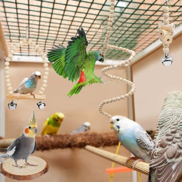 9 Pieces Parrots Chewing Natural Wood and Rope Bungee Bird Toy for Anchovies, Coconut Hideaway with Ladder,Bird Perch Stand, Bird Cage Accessories, Parakeets, Cockatiel, Conure, Mynah, Macow - Image 5