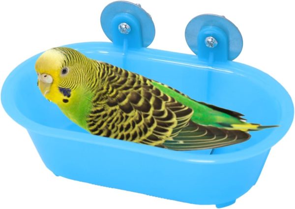 Wontee Bird Bath with Mirror Toy Fixable Parrot Bathroom Tub for Small Brids Parrot Canary Budgies Parakeets