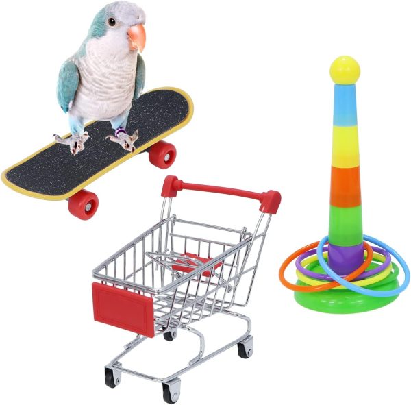 Wontee Bird Toys Mini Shopping Cart Skateboard Ring Toy for Playing and Training of Budgies Cockatiels Caique Quaker Parrot Conures (3 Pack)