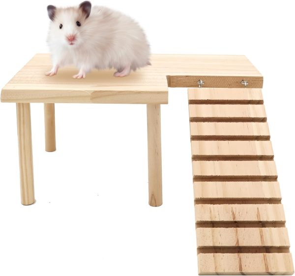 Hamster Wooden Platform with Legs Small Animal Climbing Ladder Standing Rat Guinea Perch Chew Toy Cage Accessories (Platform-Small)