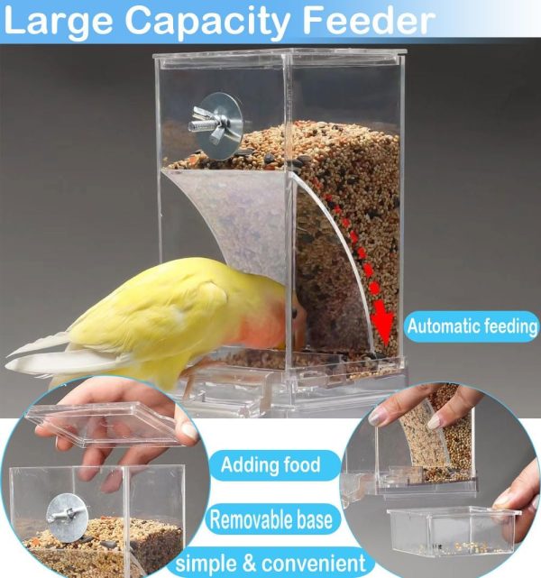 Bird Parrot Feeders, No Mess Automatic Cage Feeder Dispenser Food Container, Auto Bird Seed Bowl for Small Medium Birds, Cockatiel Canary Cockatoos Parakeet Conure Lovebird, Acrylic Clear (Feeder) - Image 3