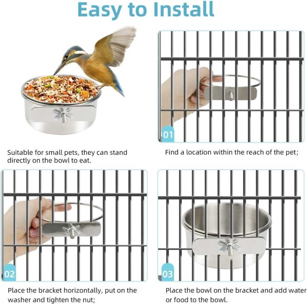 2 Pack Stainless Steel Bird Bowls for Cage Parrot Food Water Bowl Bird Feeding Dish Cups Parrot Food Water Feeder Pet Hanging Bowl Crate Coop Cups with Clamp Holder for Small Animal Dog Parakeet - Image 5