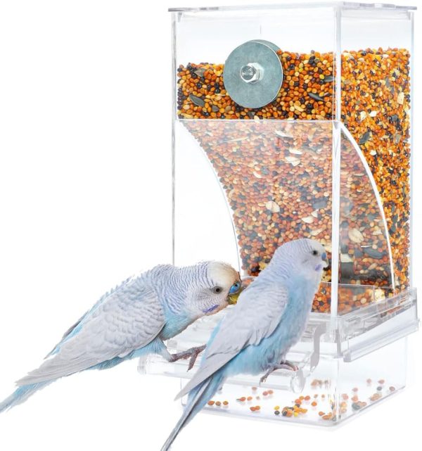 Bird Parrot Feeders, No Mess Automatic Cage Feeder Dispenser Food Container, Auto Bird Seed Bowl for Small Medium Birds, Cockatiel Canary Cockatoos Parakeet Conure Lovebird, Acrylic Clear (Feeder)