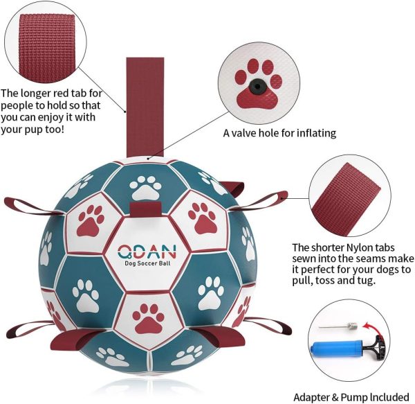 QDAN Dog Toys Soccer Ball with Straps, Interactive Toys for Tug of War, Puppy Birthday Toy, Dog Water Toy, Dog Balls for Small Medium Dog (6 Inch) - Image 6