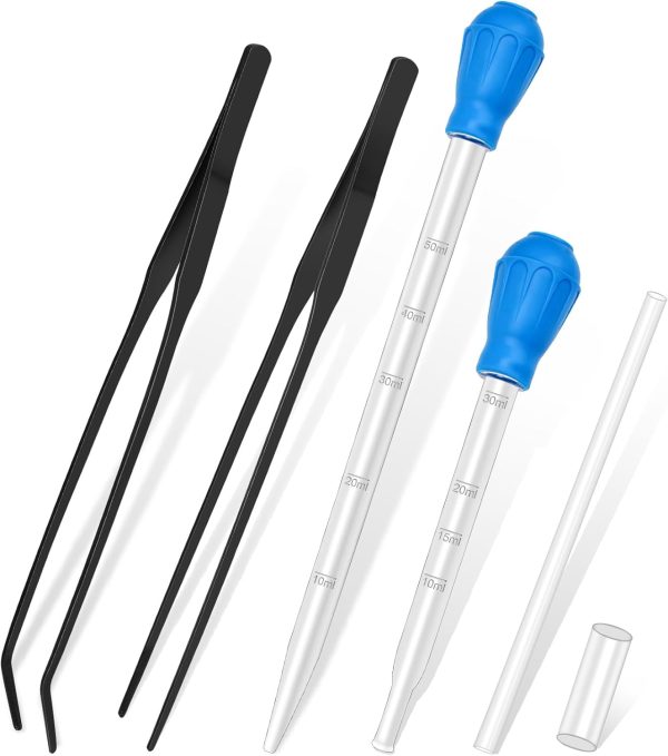 5 in 1 Aquarium Coral Feeder Kit, Luxiv 2 Pcs 60ml and 30ml Aquatic Reef Feeding Dropper with 10in Extender Pipe, 2 Pcs Stainless Steel Straight and Curved Aquarium Tweezers for Feeding Tong (Black)