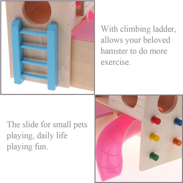 kathson Pet Small Animal Hideout Hamster House with Funny Climbing Ladder Slide Wooden Hut Play Toys Chews for Small Animals Like Dwarf Hamster and Mouse(Pink) - Image 3