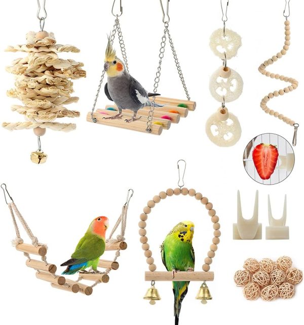 Parrot Toys Swing Hanging,18 Pieces Bird Cage Accessories Toy Perch Ladder Chewing Hammock for Parakeets,Cockatiels,Lovebirds,Conures,Budgie,Macaws,Lovebirds,Finches and Other Small Pets