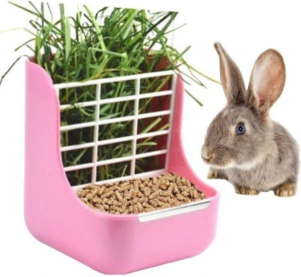 Rabbit Supplies with Bowl & Hay Feeder - Accessories for Bunnies & Guinea Pigs, 6x6x7 Inches (Pink)