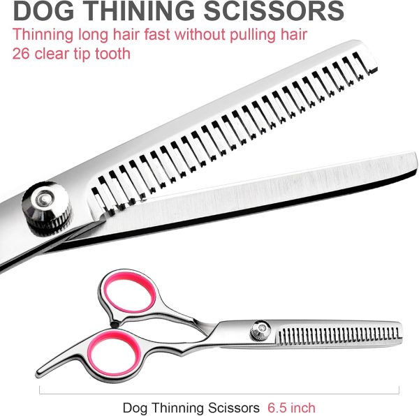 Dog Grooming Scissors with Safety Round Tips Stainless Steel Professional Dog Grooming Kit - Thinning, Curved Scissors and Comb for Dog Cat Pet (Pink 4 in 1) - Image 4