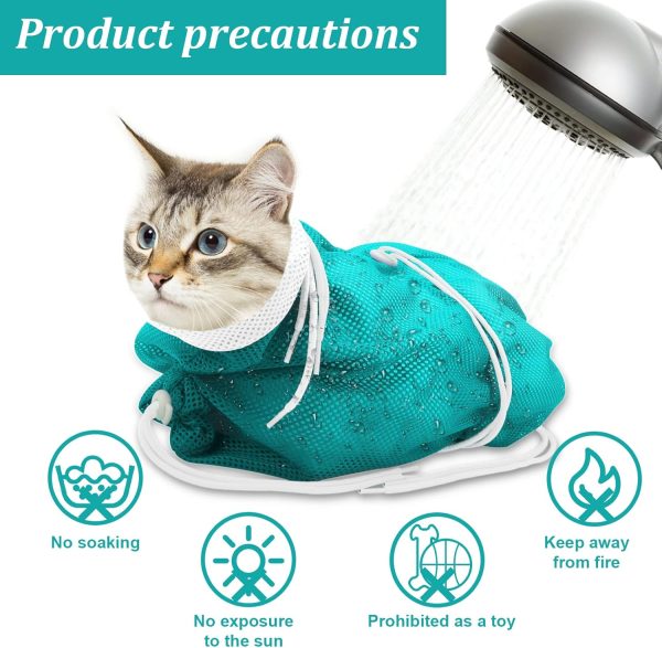 Cat Bathing Bag, Breathable Mesh Cat Shower Bag Anti Scratch Adjustable Cat Grooming Bag for Nail Trimming, Bathing Polyester Soft Cat Washing Bag (White-Green) - Image 7