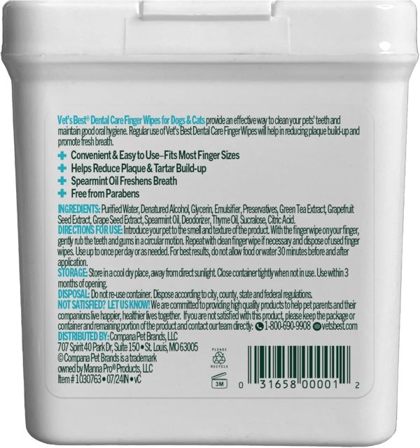 Vet's Best Dental Care Finger Wipes - Reduces Plaque & Tartar Build Up - Freshens Breath - Teeth Cleaning Finger Wipes for Dogs & Cats - 50 Count - Image 2