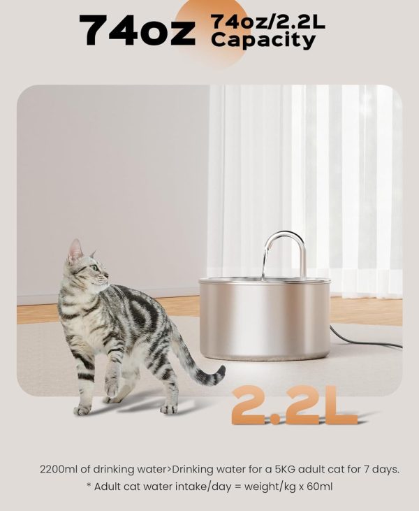 Stainless Steel Cat Water Fountain: Pet Fountains Indoor Metal Automatic Dispenser Cat Waterer Bowls Dog Faucet Bottle Pets 24/7 Running Watering for Drinking Quiet Pump with 1 Filter - Image 6