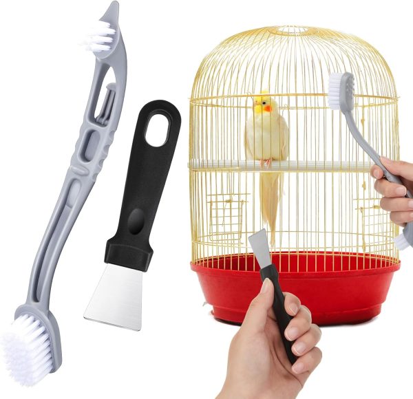 Bird Cage Cleaner with Two Brush Heads Stainless Steel Bird Droppings Cleaning Scraper Long Handle Tool for Cleaning Bird Parrot Cages Pet Supply Cage Accessory