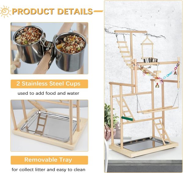 Pet Parrot Playstand Parrots Bird Playground Bird Play Stand Wood Perch Gym Playpen Ladder with Feeder Cups Bells for Cockatiel Parakeet (4 Layers) - Image 4