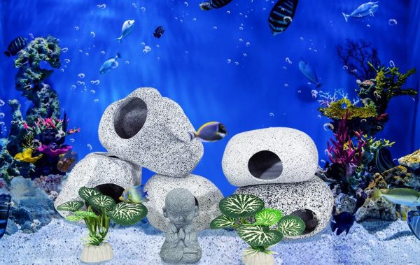 Aquarium Decorations Rock Caves Decor Betta Fish Tank Accessories 5PCS Hideout Stones House, 1PCS Aquarium Buddha Statue Decorations with Plastic Plants for Aquatic Pets Hide - Image 4