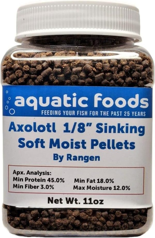 Aquatic Foods Inc. Axolotl Food, 1/8" Soft Moist Sinking Pellets, Rangen's Salmon Meal Pellets for Small Axolotl. Also Shrimp, Snails, Crabs, Bottom Fish, All Tropical Fish...11oz Small Jar